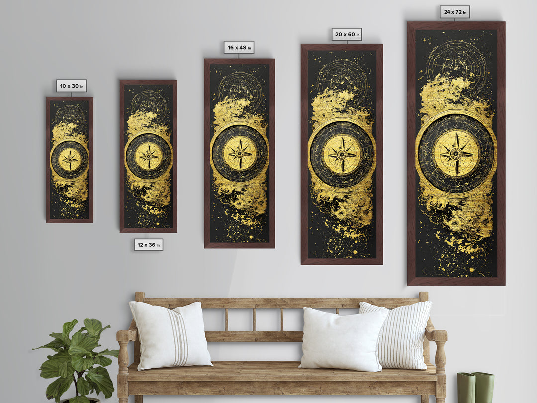 Golden Compass Nordic Wall Art, Wood Framed Metal Art, Metallic Gold Art, Gold Leaf, Gold Foil Art