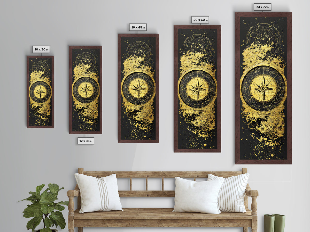 Golden Compass Nordic Wall Art, Wood Framed Metal Art, Metallic Gold Art, Gold Leaf, Gold Foil Art
