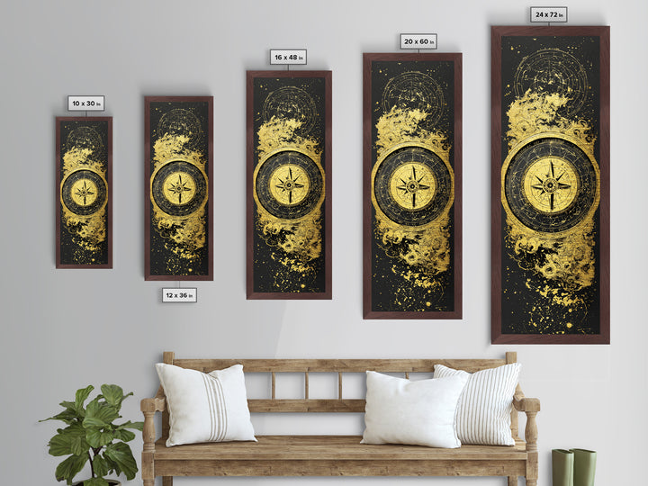 Golden Compass Nordic Wall Art, Wood Framed Metal Art, Metallic Gold Art, Gold Leaf, Gold Foil Art