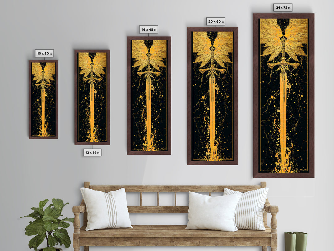 Norse Viking Sword Metallic Gold Art, Nordic Mythology Metal Art Featuring Golden Weapon, Man Cave Office Wall Decor with Elegant Natural Wood Frame