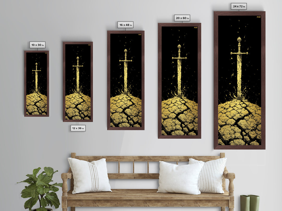Sword of the North Metallic Gold Art – Viking Mythology Metal Art for Man Cave or Office, framed in natural real wood