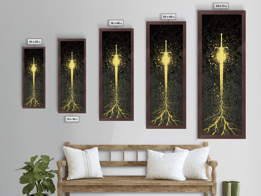 Metallic Gold Art of Runic Viking Sword – Nordic Mythology Metal Art, Norse Decor with real wood frame, perfect Dad Gift