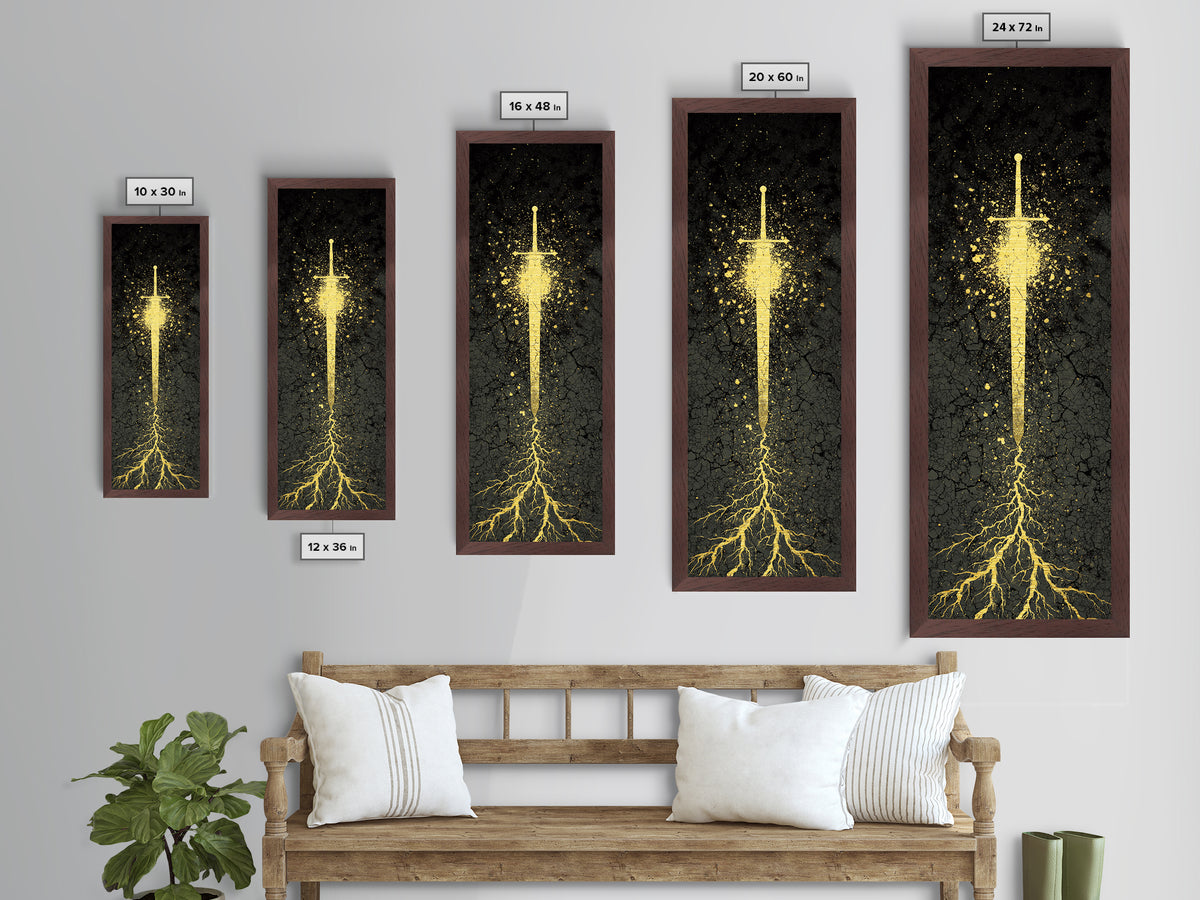 Metallic Gold Art of Runic Viking Sword – Nordic Mythology Metal Art, Norse Decor with real wood frame, perfect Dad Gift