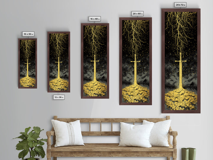 Storm-Forged Viking Sword Metallic Gold Art – Striking Nordic Mythology Metal Art with lightning, real wood frame included