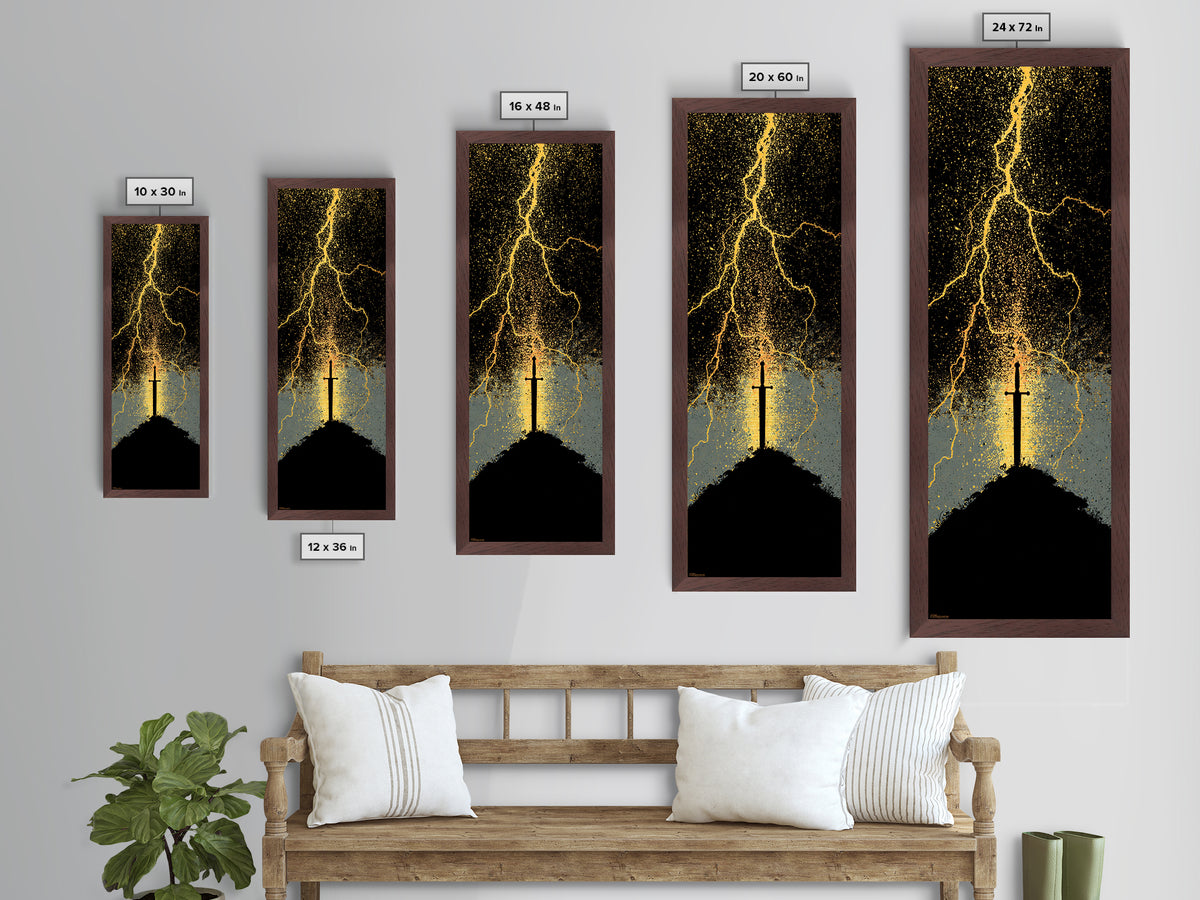 Mythic Norse Sword Metallic Gold Art – Viking-inspired Metal Art, perfect Man Cave Art or Office Gift, framed in natural wood