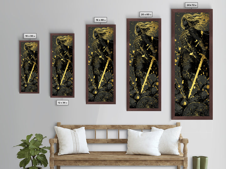 Nordic Shieldmaiden Hervor Metallic Gold Art – Epic Viking Metal Art, Man Cave wall décor in real wood frame, Dad Gift