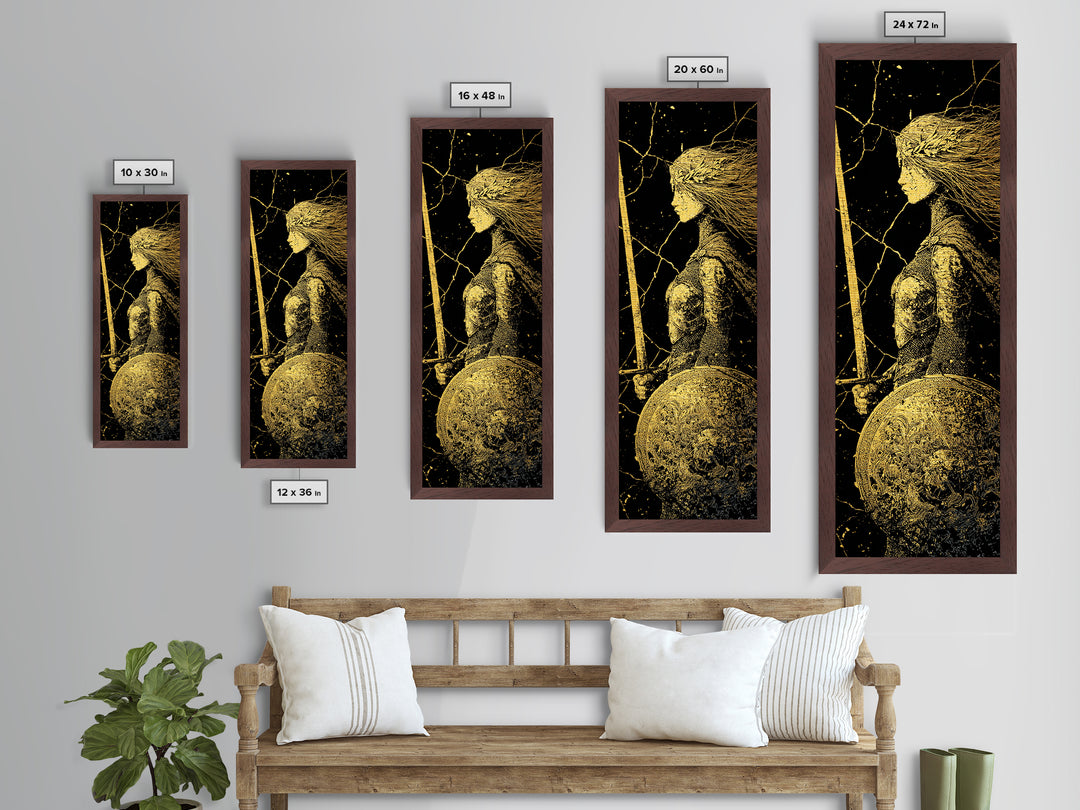 Hervor the Shieldmaiden Metallic Gold Art – Powerful Norse Warrior Metal Art for Man Cave or Office, framed with real wood