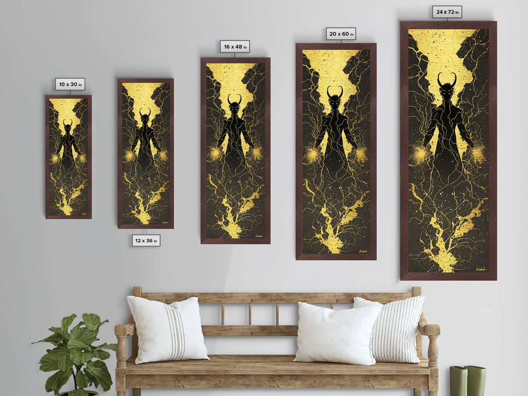 Loki Trickster God Metallic Gold Art – Dark Norse Mythology Metal Art, Viking wall décor for men, framed in solid real wood