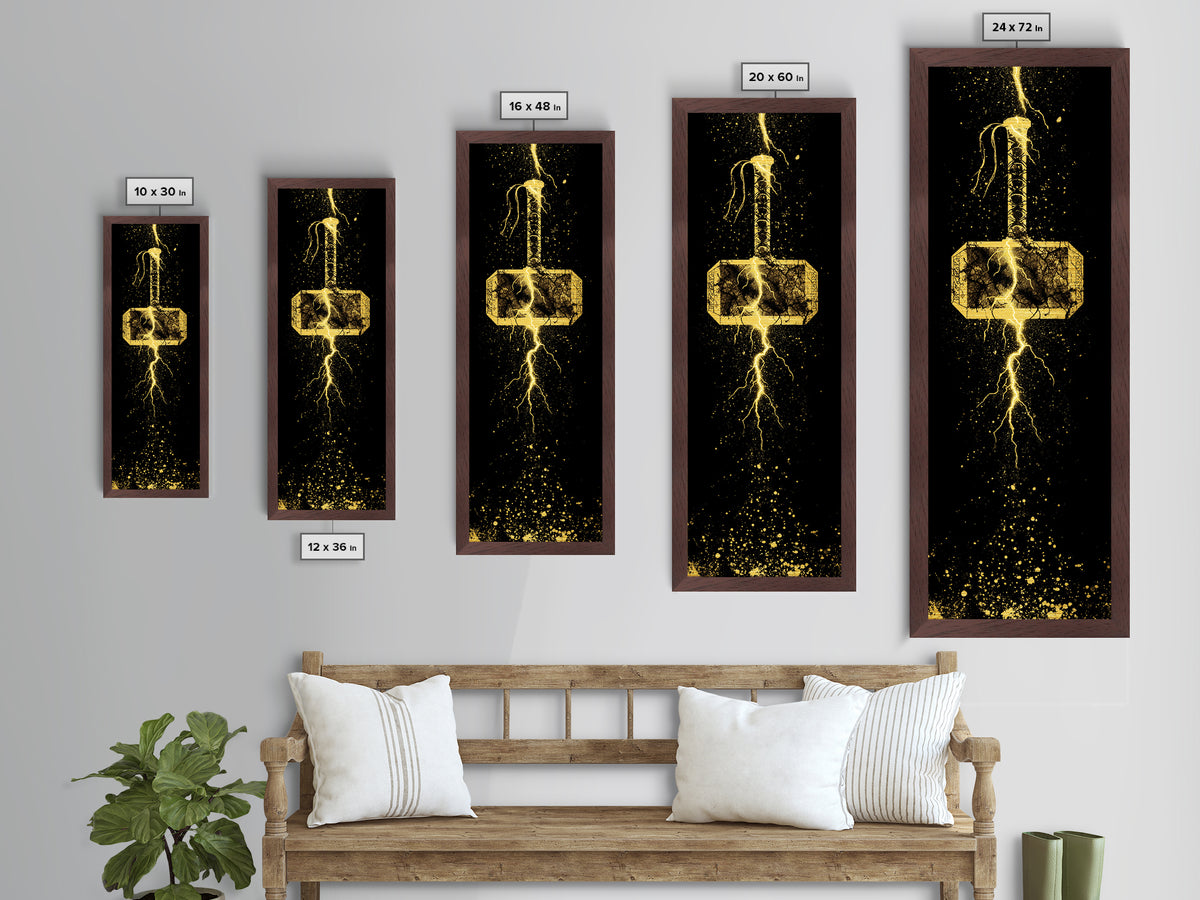 Thor’s Hammer Mjolnir Metallic Gold Art, Viking Metal Art Norse Mythology Wall Decor, Office or Man Cave Artwork in Real Wood Frame