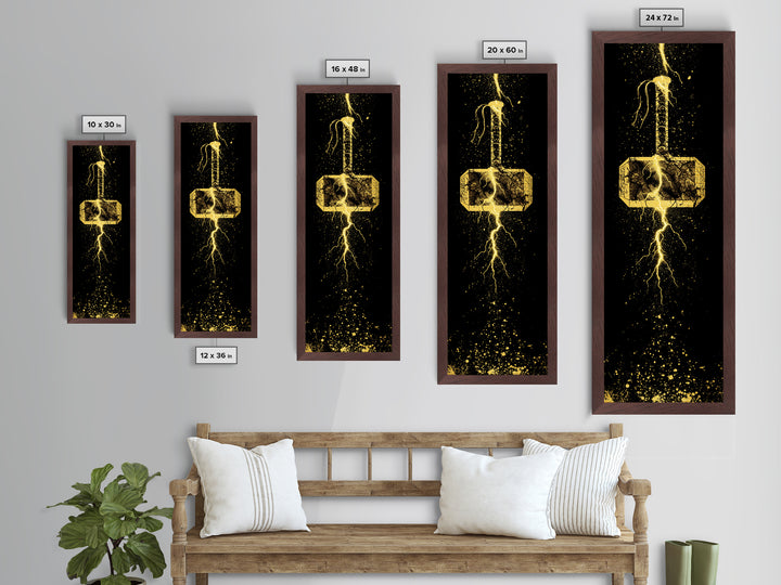 Thor’s Hammer Mjolnir Metallic Gold Art, Viking Metal Art Norse Mythology Wall Decor, Office or Man Cave Artwork in Real Wood Frame