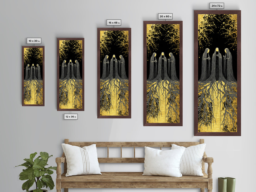 The Norns Metallic Gold Art, Viking Metal Art of Norse Fates, Nordic Mythology Wall Hanging, Spiritual Office Art with Real Wood Frame