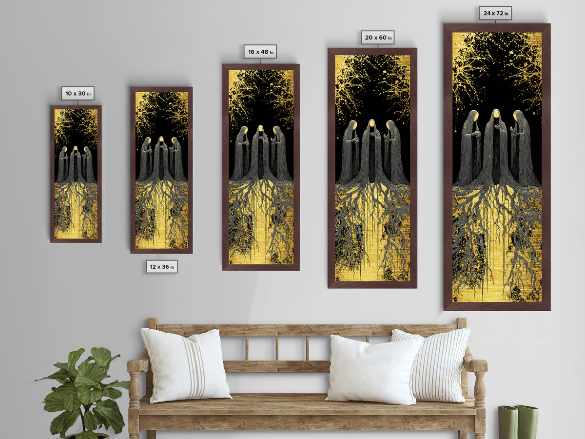 The Norns Metallic Gold Art, Viking Metal Art of Norse Fates, Nordic Mythology Wall Hanging, Spiritual Office Art with Real Wood Frame