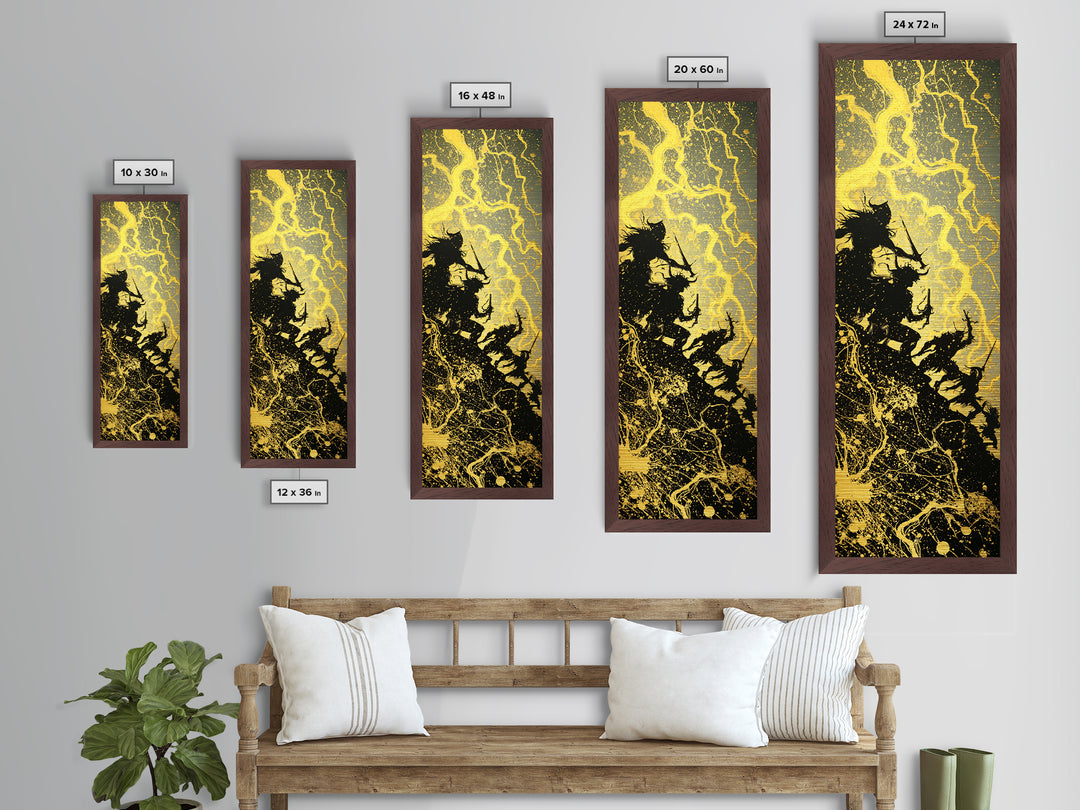 Ragnarok Metallic Gold Art, Viking Metal Art Epic Norse Mythology Battle Scene, Nordic Warrior Office Wall Decor Framed in Natural Wood
