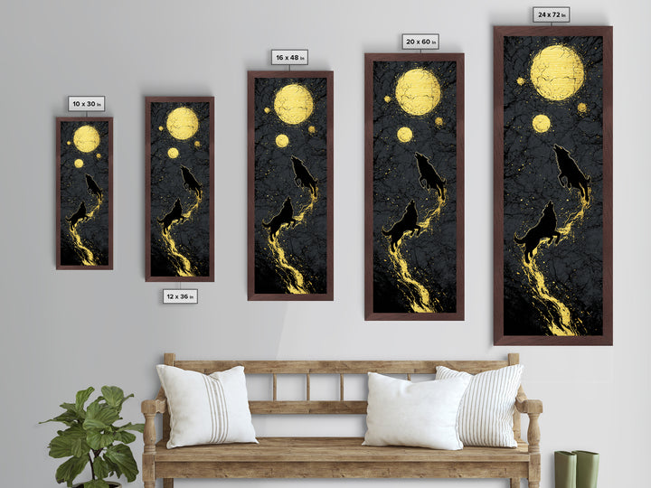 Sköll and Hati Wolves Metallic Gold Art, Viking Metal Art Norse Mythology Wall Decor, Nordic Moon Wolves Office or Man Cave in Wood Frame