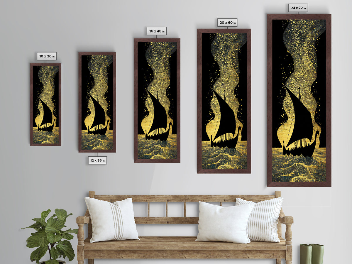 Nordic Viking Ship Metallic Gold Art, Mythology Inspired Metal Art for Office or Man Cave, framed in authentic wood craftsmanship