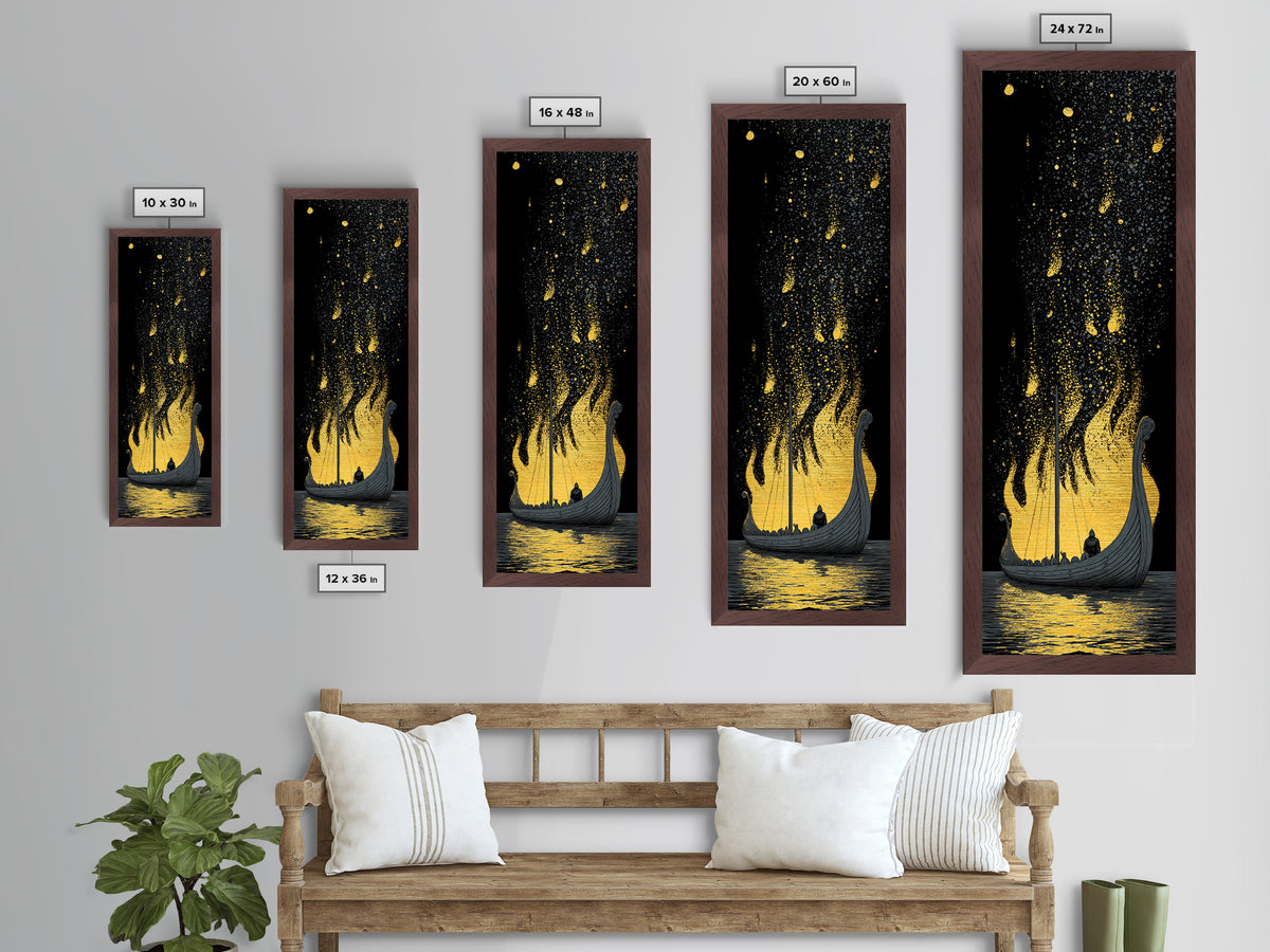 Viking Funeral Ship Metallic Gold Art, Norse Mythology Metal Art framed with real wood, Nordic man cave wall art gift idea