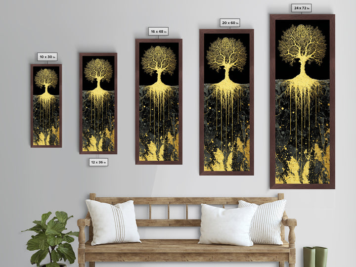 Metal Art Yggdrasil Nordic Tree of Life, Metallic Gold Art framed with real wood, Norse Mythology inspired office or dad gift wall art