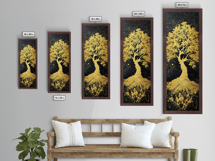 Yggdrasil Metallic Gold Art Norse World Tree, Nordic Mythology Metal Art framed in natural wood, perfect Viking man cave wall decor