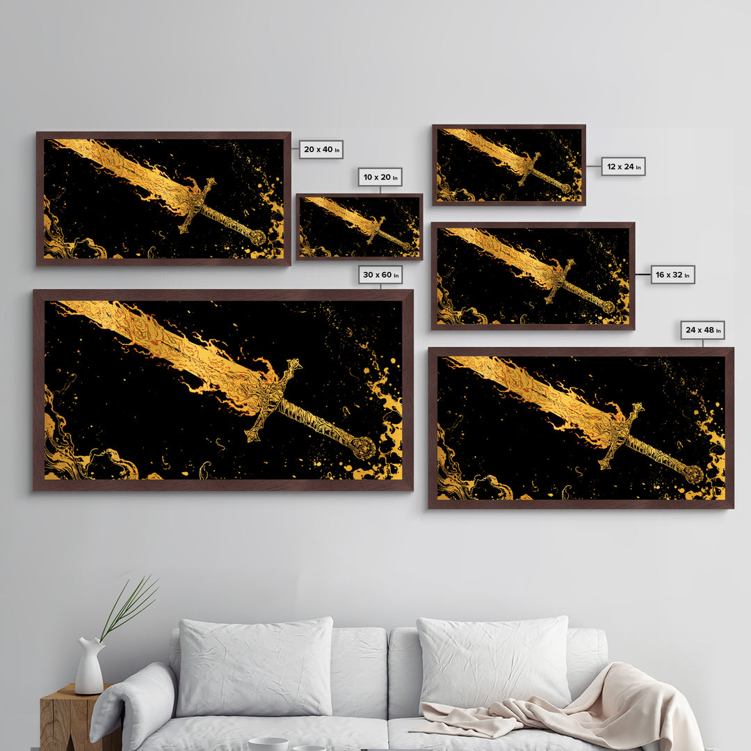 Surtur’s Flaming Sword Metallic Gold Art Metal Art Viking Wall Decor, Norse Mythology Office Gift with Real Wood Frame