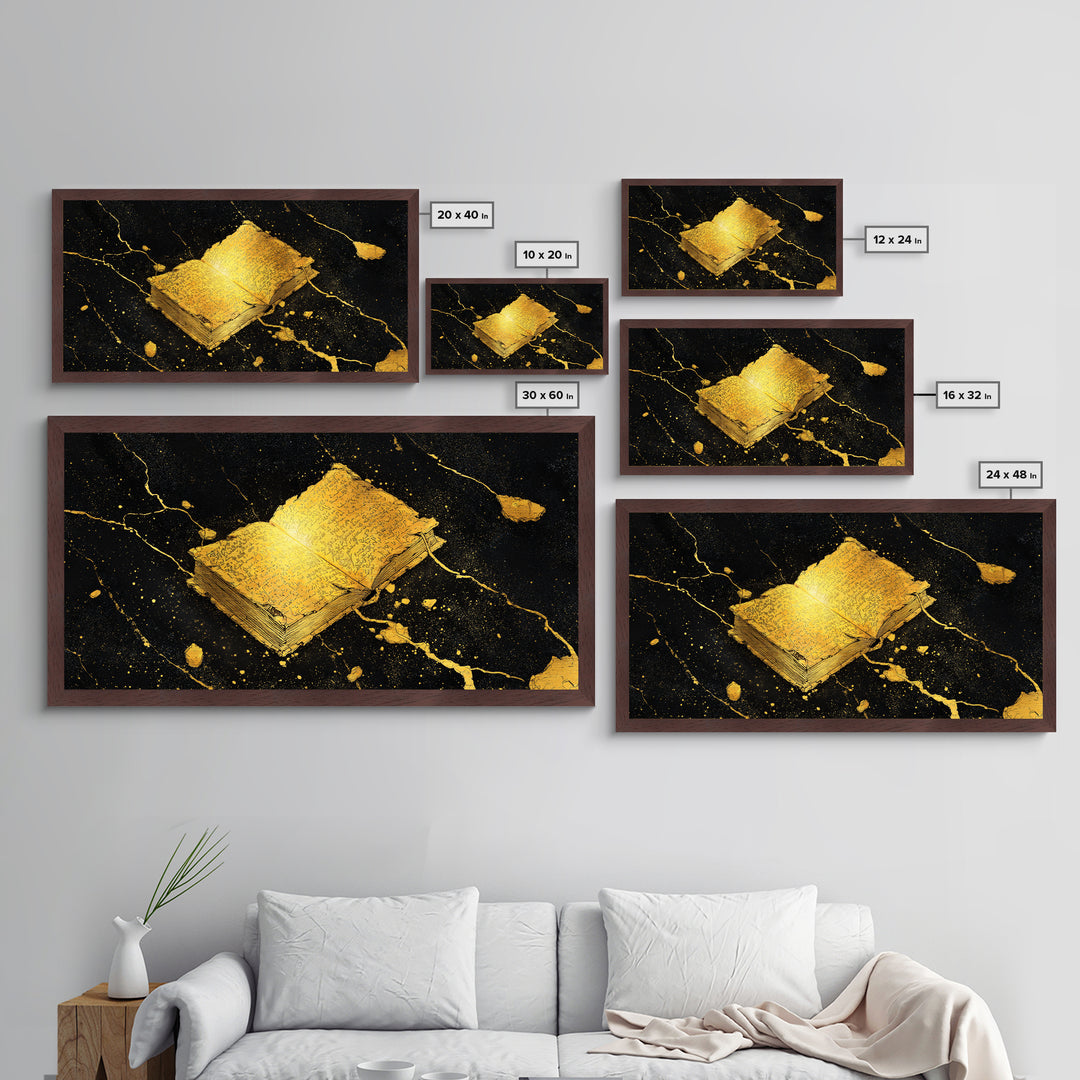 Ancient Nordic Runes Book Metallic Gold Art Metal Art with Cosmic Background, Viking Mythology Wall Decor, Real Wood Frame