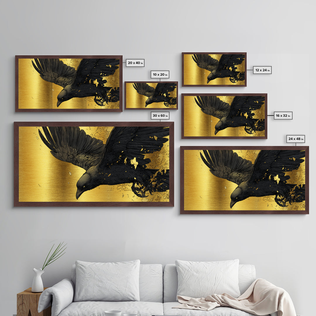 Odin’s Raven Huginn Metallic Gold Art Metal Art Norse Mythology Wall Decor with Natural Wood Frame, Man Cave or Office Gift
