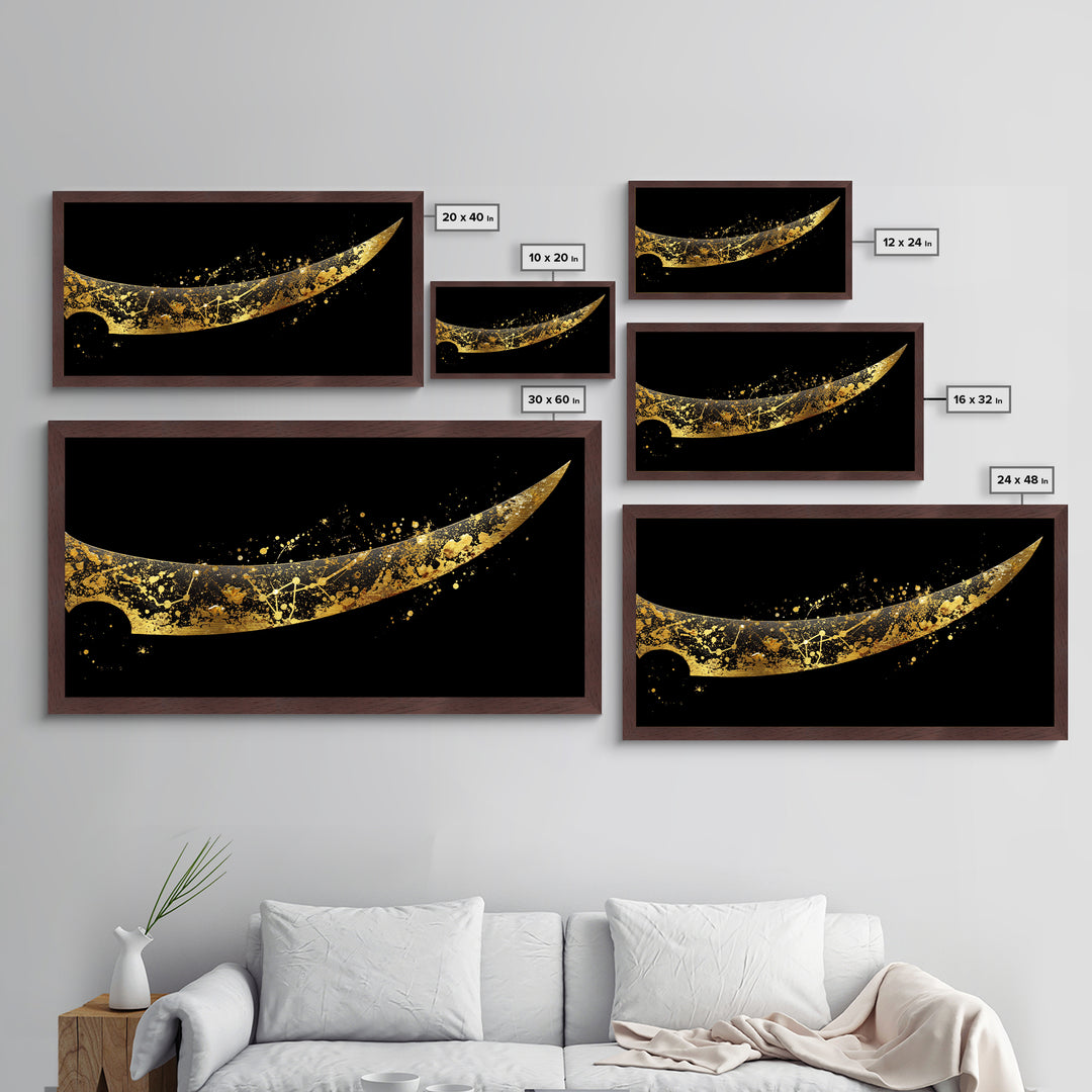 Curved Viking Blade Metallic Gold Art, Nordic Mythology Metal Art Sword Print, Man Cave Wall Decor with real wood frame, warrior gift