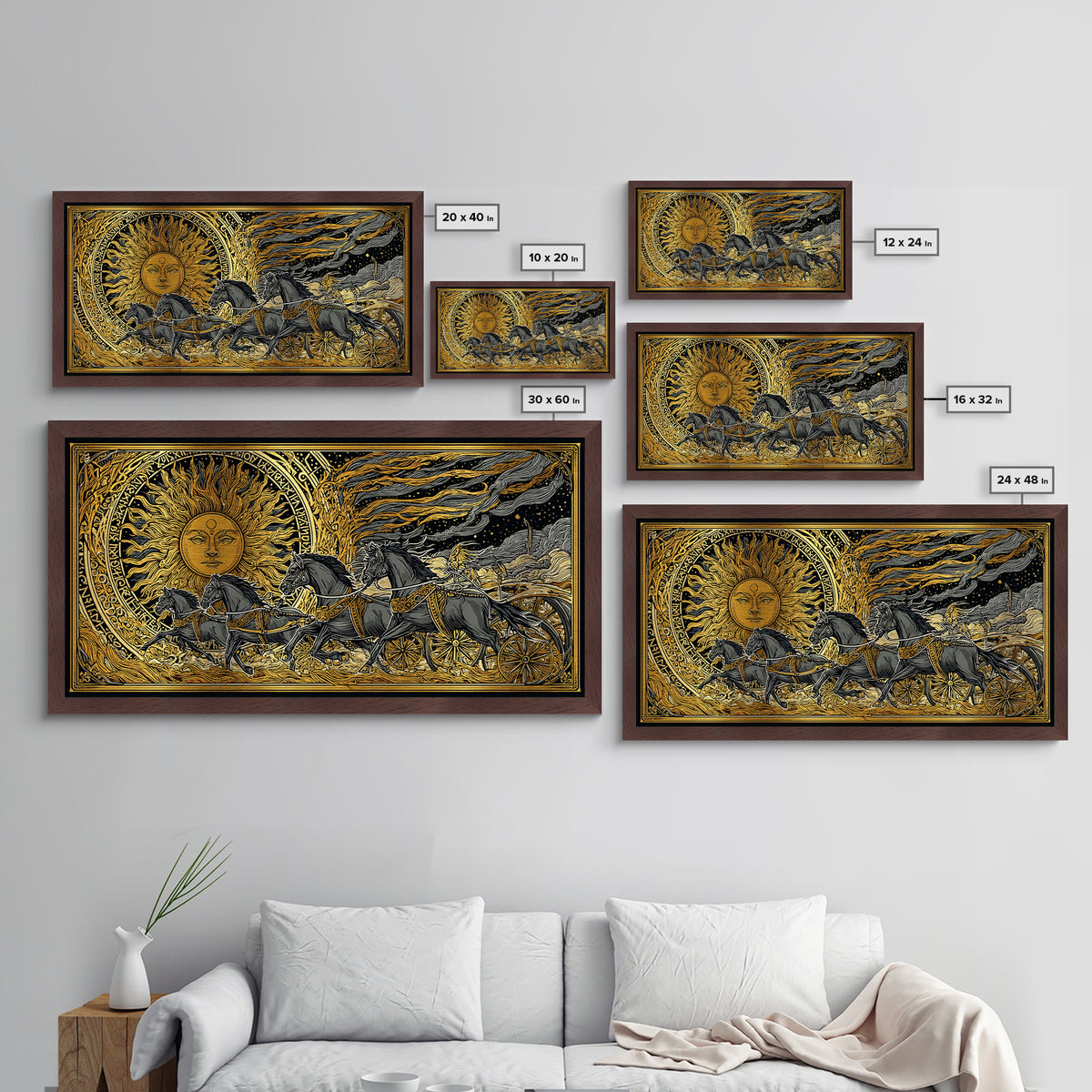 Sun Chariot of Sol Metallic Gold Art, Norse Mythology Metal Art Wall Hanging, Viking Decor for Dad Gift, framed in authentic wood