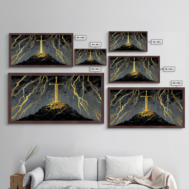 Storm Sword Metallic Gold Art, Nordic Mythology Metal Art Print, Viking Office Wall Art framed in real wood, masculine gift idea