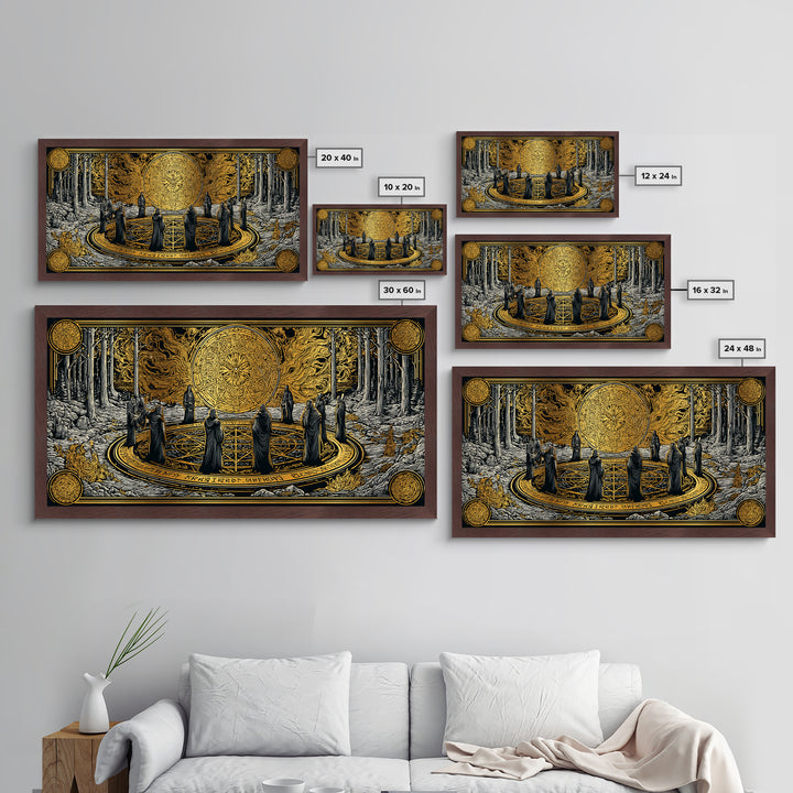 Nordic Ritual Circle Metallic Gold Art, Mythology Inspired Metal Art, Mystical Office Wall Decor with Real Wood Framing