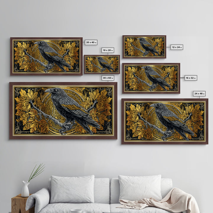 Norse Raven Perched Metallic Gold Art Metal Art with Runes and Autumn Leaves, Framed in Real Wood, Viking Office or Man Cave