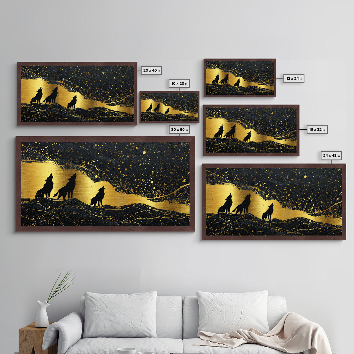 Howling Wolves Metallic Gold Art Norse Metal Art Nordic Mythology Wall Decor with real wood frame, Man Cave Accent, Office Art