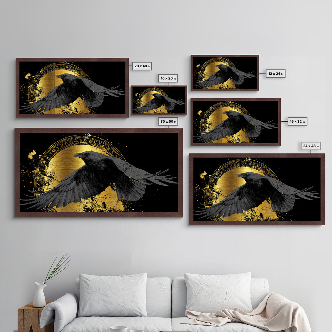 Raven of Odin Metallic Gold Art Norse Mythology Metal Art Nordic Wall Decor framed in real wood, Man Cave Viking Office Gift