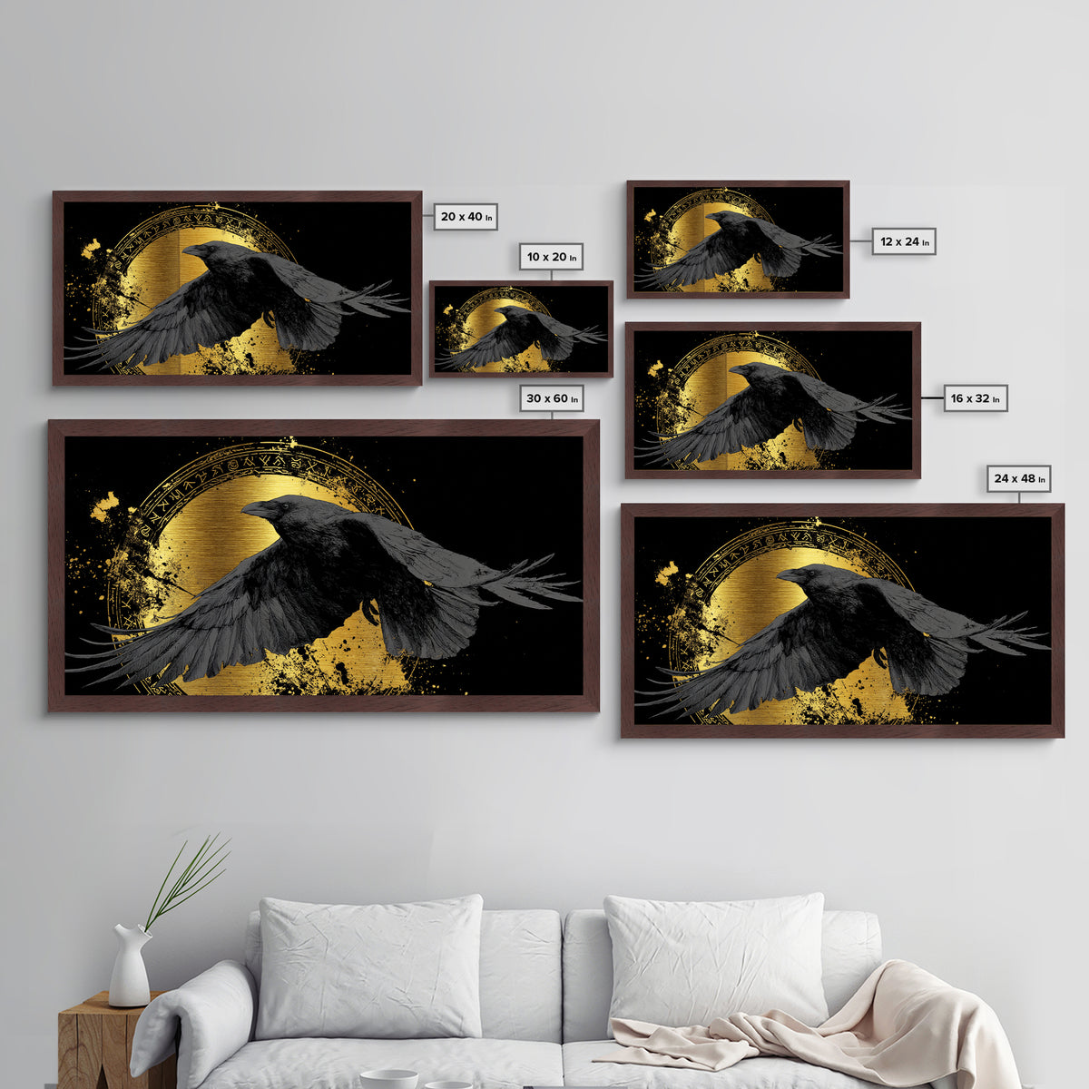 Raven of Odin Metallic Gold Art Norse Mythology Metal Art Nordic Wall Decor framed in real wood, Man Cave Viking Office Gift