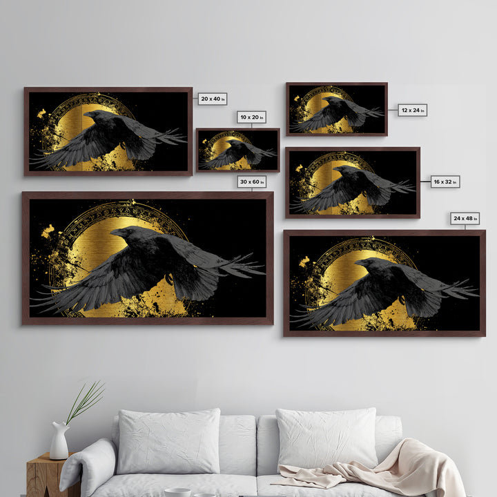 Raven of Odin Metallic Gold Art Norse Mythology Metal Art Nordic Wall Decor framed in real wood, Man Cave Viking Office Gift