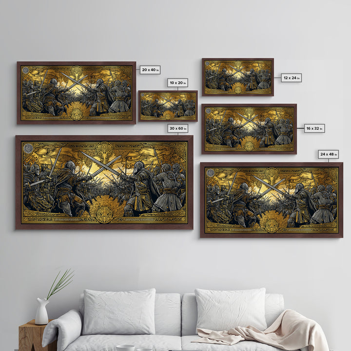 Viking Battle Metallic Gold Art Metal Art Norse Warriors Mythology Wall Decor Office Art Man Cave Gift framed in natural wood