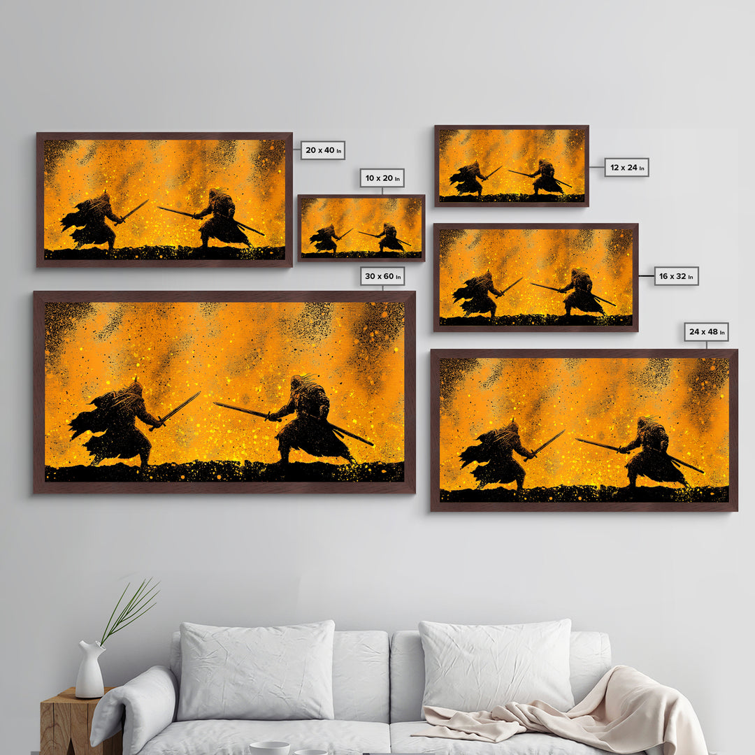 Fiery Duel Metallic Gold Art Metal Art Norse Viking Mythology Warrior Wall Decor Dad Gift Office Art framed in solid wood