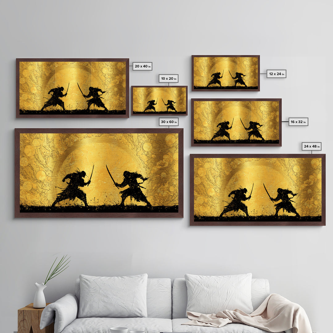 Samurai Duel Metallic Gold Art Metal Art Norse Inspired Epic Warrior Wall Art Man Cave Decor Office Gift framed in real wood