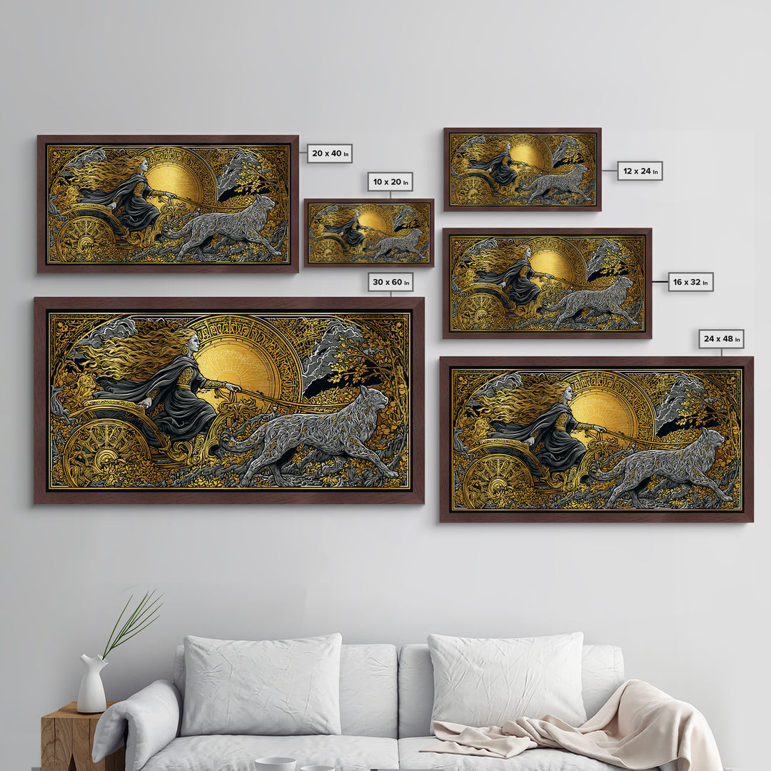 Freyja Metallic Gold Art Metal Art Norse Goddess Viking Mythology Wall Decor Man Cave or Office Art framed in natural wood