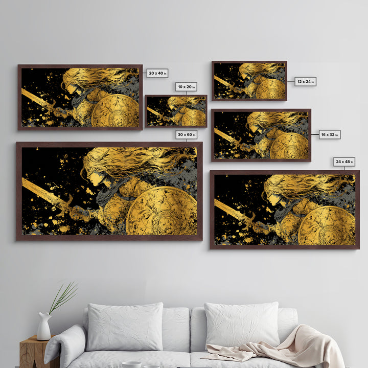 Valkyrie Warrior Metallic Gold Art Metal Art Norse Mythology Female Viking Wall Decor Office Art Man Cave Gift framed in wood
