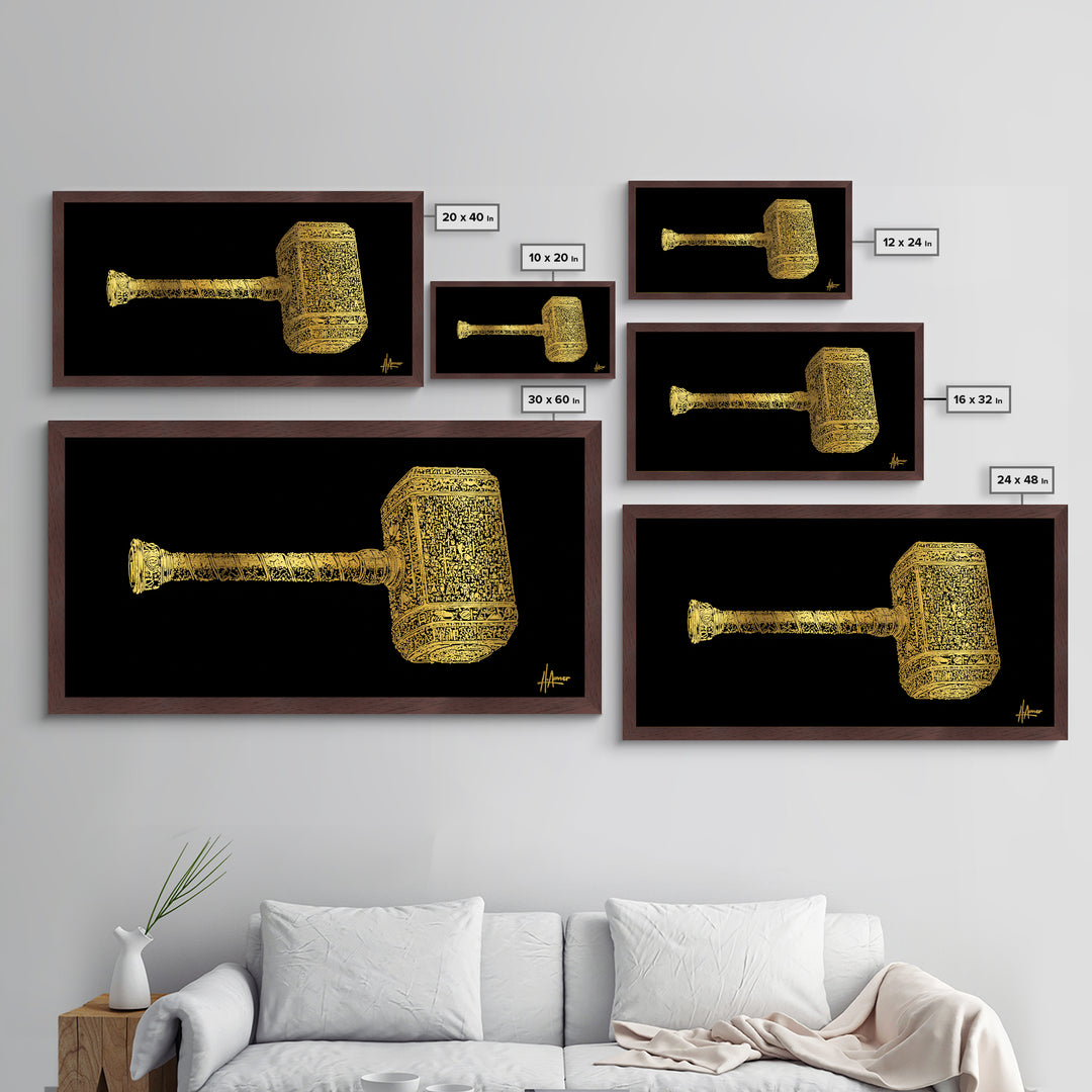 Thor’s Hammer Mjolnir Metallic Gold Art Metal Art Nordic Mythology Wall Hanging Viking Decor Office Art Gift framed in solid natural wood