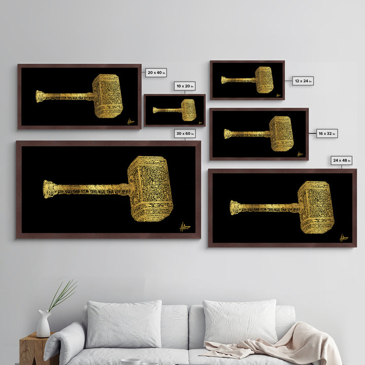 Thor’s Hammer Mjolnir Metallic Gold Art Metal Art Nordic Mythology Wall Hanging Viking Decor Office Art Gift framed in solid natural wood