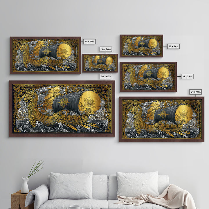 Naglfar Norse Longship Metallic Gold Art Metal Art Viking Ship Wall Decor Nordic Mythology Office or Dad Gift framed with natural wood