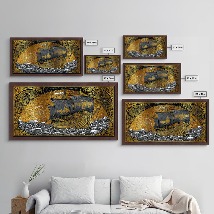 Viking Ship Naglfar Metallic Gold Art Metal Art Nordic Longship Decor Norse Mythology Office Wall Art Man Cave framed in authentic wood