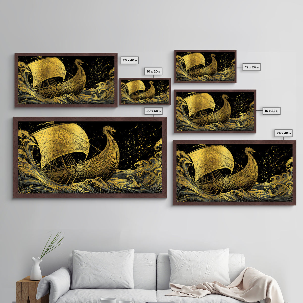 Naglfar Viking Ship Metallic Gold Art Metal Art Norse Mythology Longship Wall Hanging Decor Office Art Man Cave Gift framed in real wood