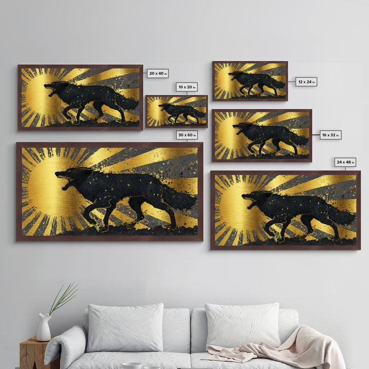 Hati and Sköll Wolves Metallic Gold Art Norse Mythology Metal Art, Viking Sun and Moon Chase Wall Decor framed in real wood
