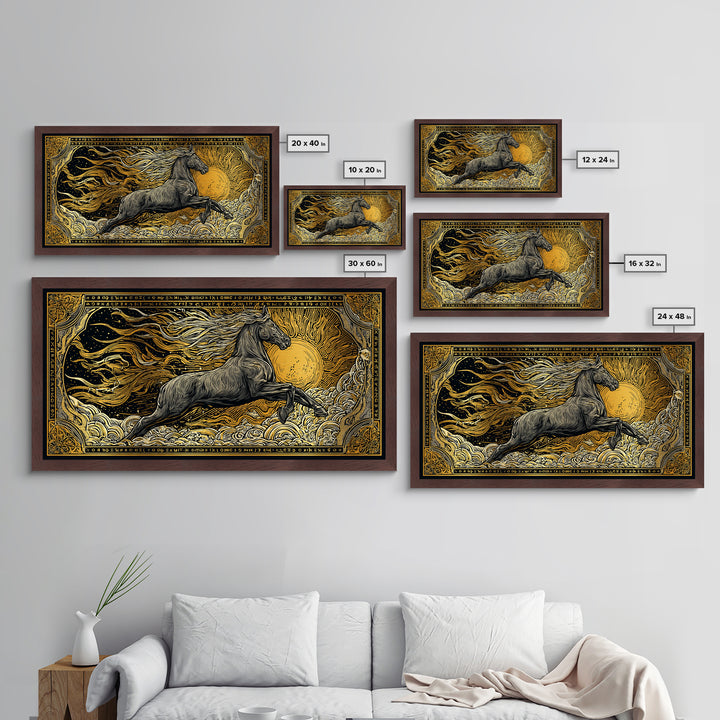 Mythical Sleipnir Metallic Gold Art Wall Decor, Odin’s Eight-Legged Horse Norse Metal Art with real wood frame, Viking Office Art