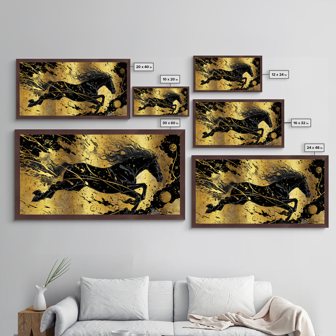 Sleipnir Norse Horse Metallic Gold Art, Nordic Mythology Metal Art for Man Cave or Office, framed in natural wood, unique Dad Gift