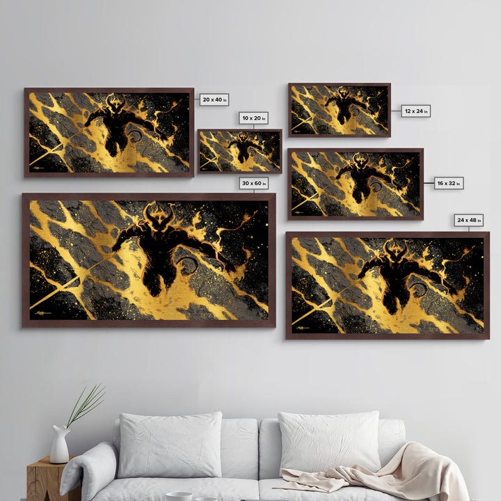 Mythical Surtur with Flaming Sword Metallic Gold Art, Viking Metal Art Norse Decor, Man Cave Office Art, framed in handcrafted wood
