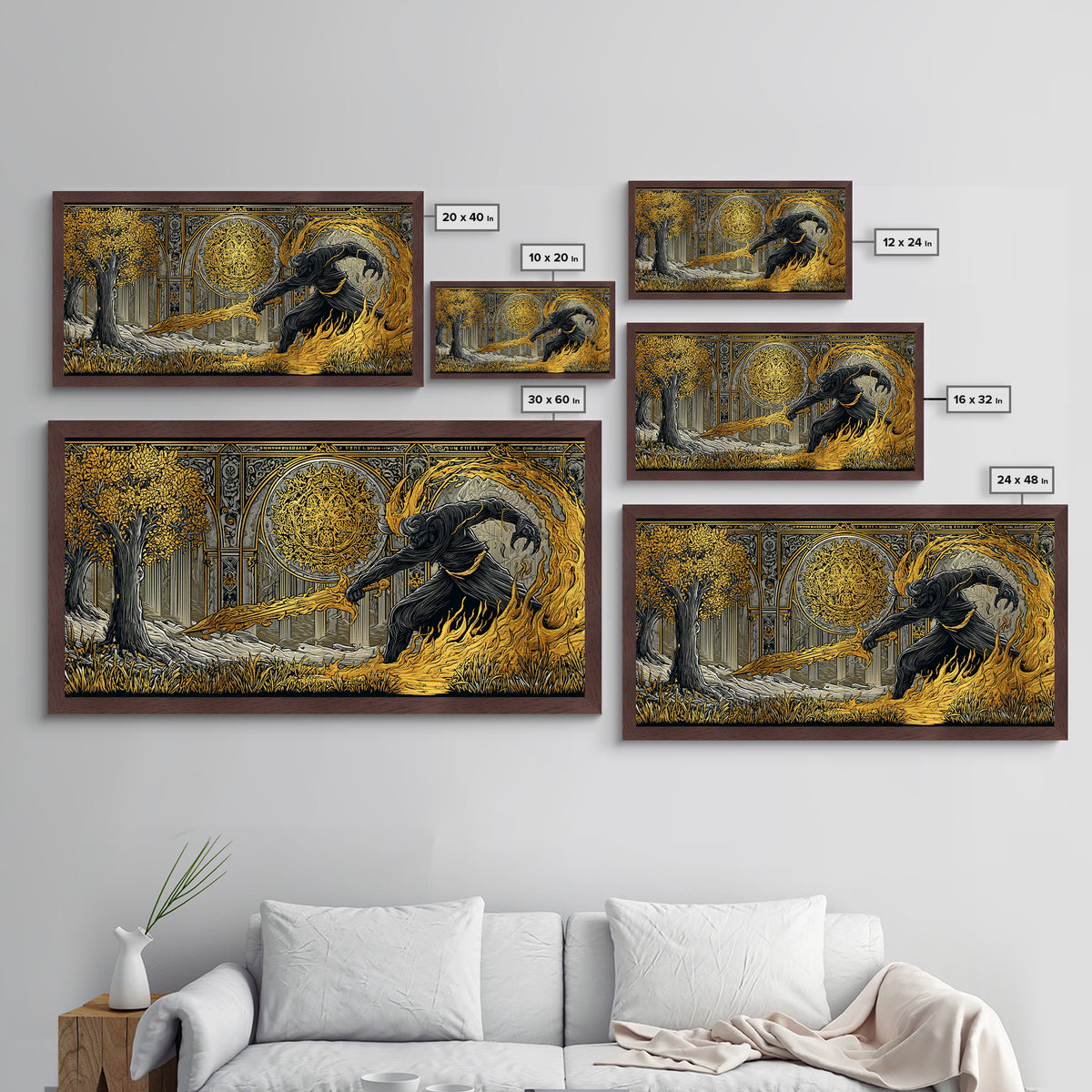 Surtur Norse Fire Giant Metal Art, Nordic Mythology Metallic Gold Art for Office Wall or Man Cave, framed in real wood, bold Dad Gift