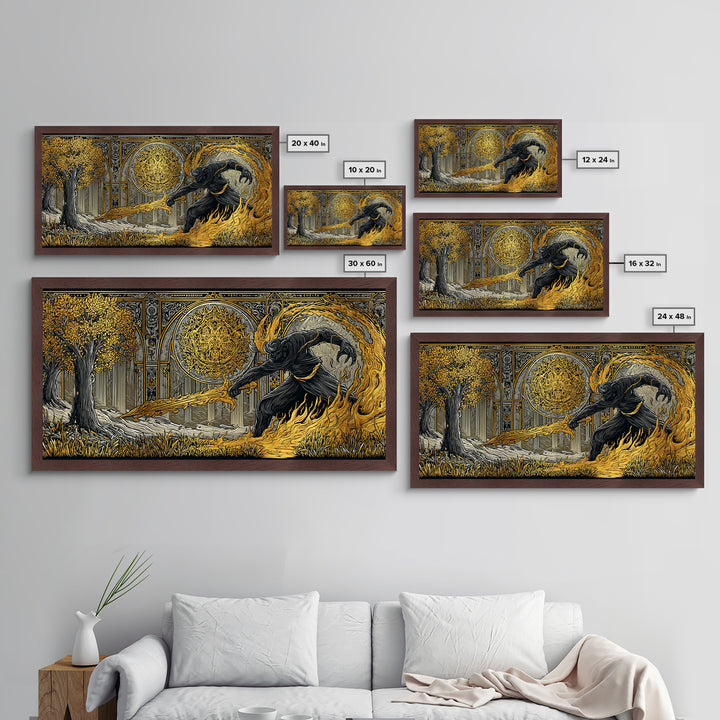 Surtur Norse Fire Giant Metal Art, Nordic Mythology Metallic Gold Art for Office Wall or Man Cave, framed in real wood, bold Dad Gift